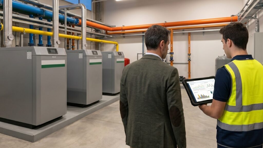 Asesor técnico mostrando datos de monitorización y eficiencia energética a un gerente en una sala de calderas industriales de gas propano.