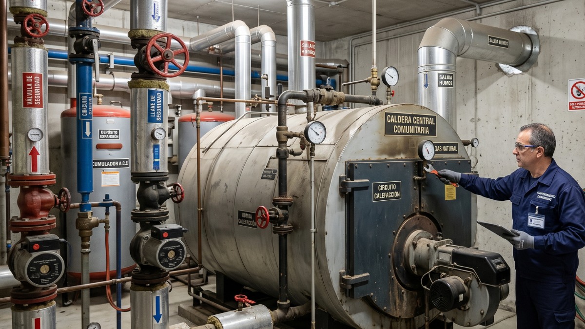 Técnico realizando la inspección de mantenimiento en una sala de calderas centralizada de una comunidad de propietarios
