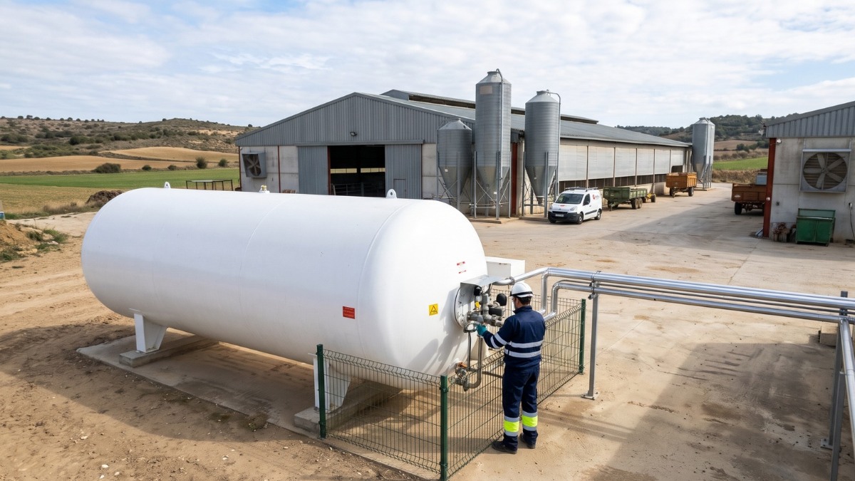 Técnico de Iberpropano revisando la instalación de un depósito de gas propano a granel en una granja agrícola y ganadera.