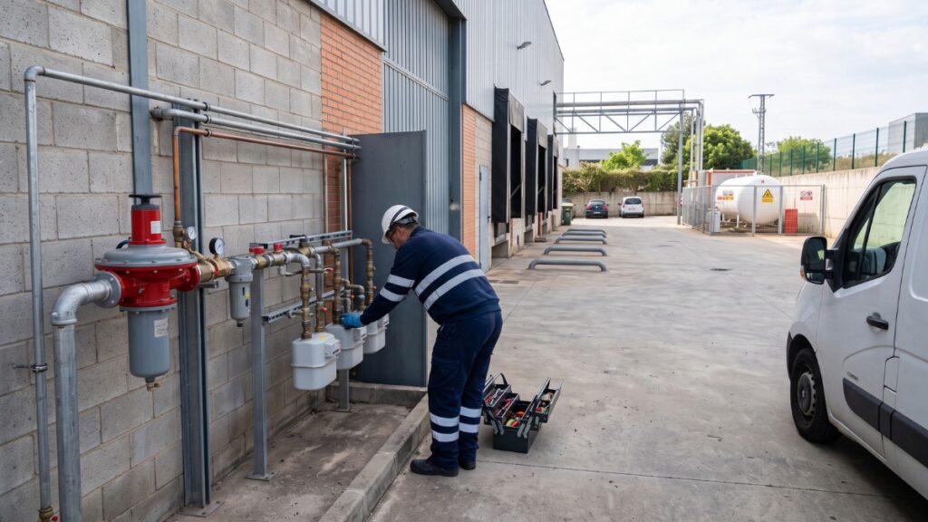 Técnico de Iberpropano realizando la inspección de un gran regulador de gas propano en la instalación exterior de una empresa.
