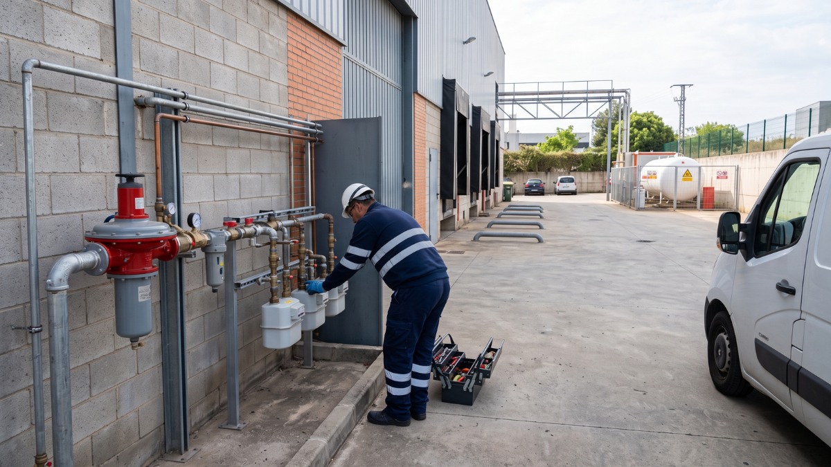 Técnico de Iberpropano realizando la inspección de un gran regulador de gas propano en la instalación exterior de una empresa.